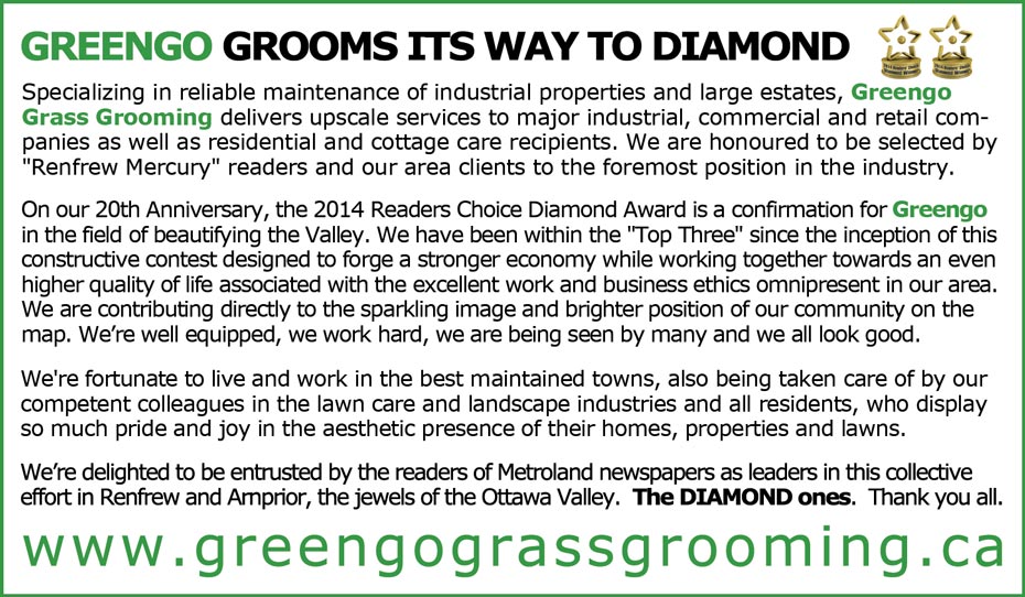 Greengo wins diamond trophy for lawn care in the Renfrew 2013 Readers Choice Awards
